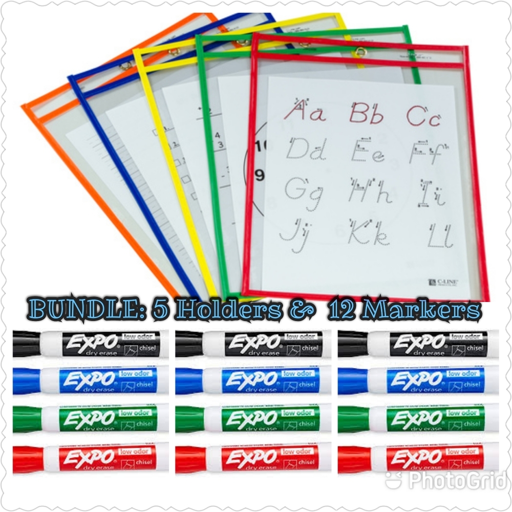 Bundle 12 Dry Erase Markers & 1 Dry Erase Pockets pack of 5